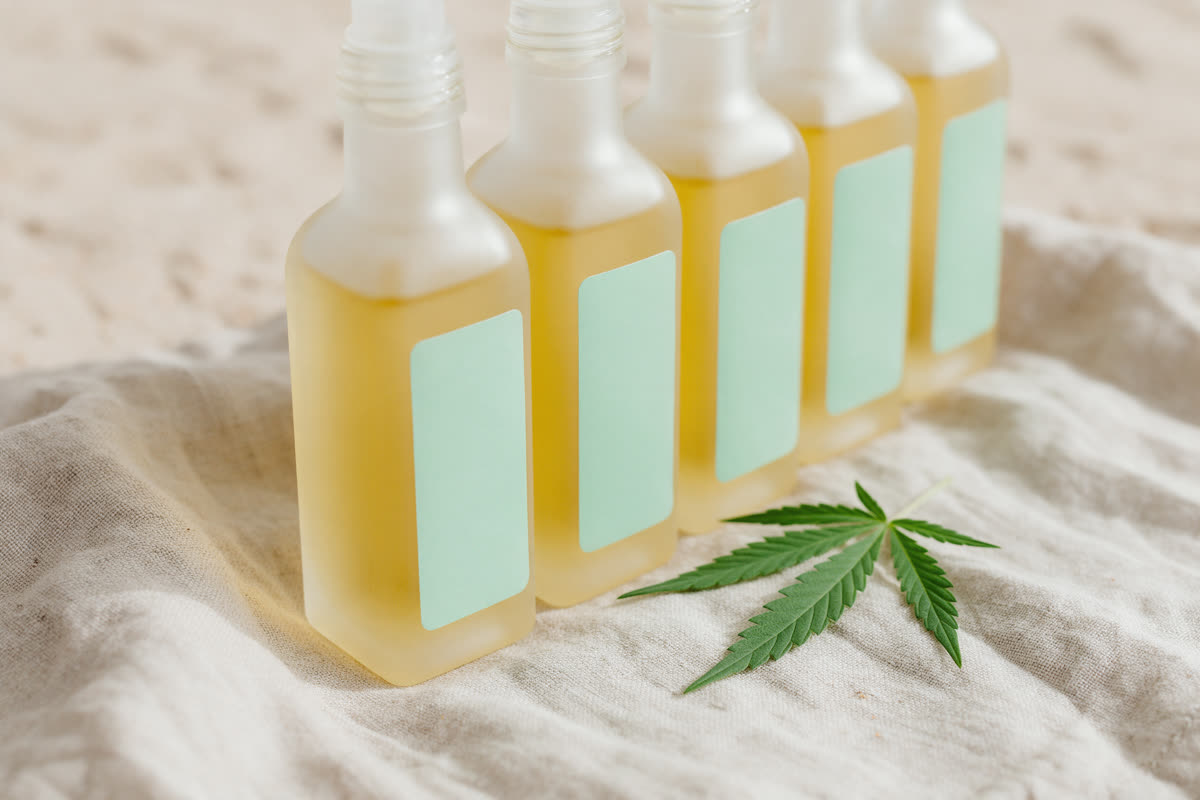 Hemp seed oil bottles Frosted glass hemp seed oil bottles with blank mint labels on natural linen