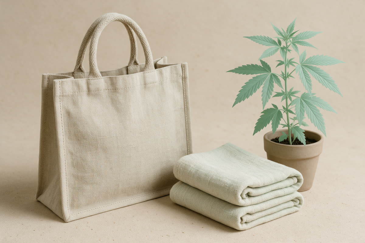 Hemp textiles Natural hemp tote bag and folded hemp towels beside a potted hemp plant