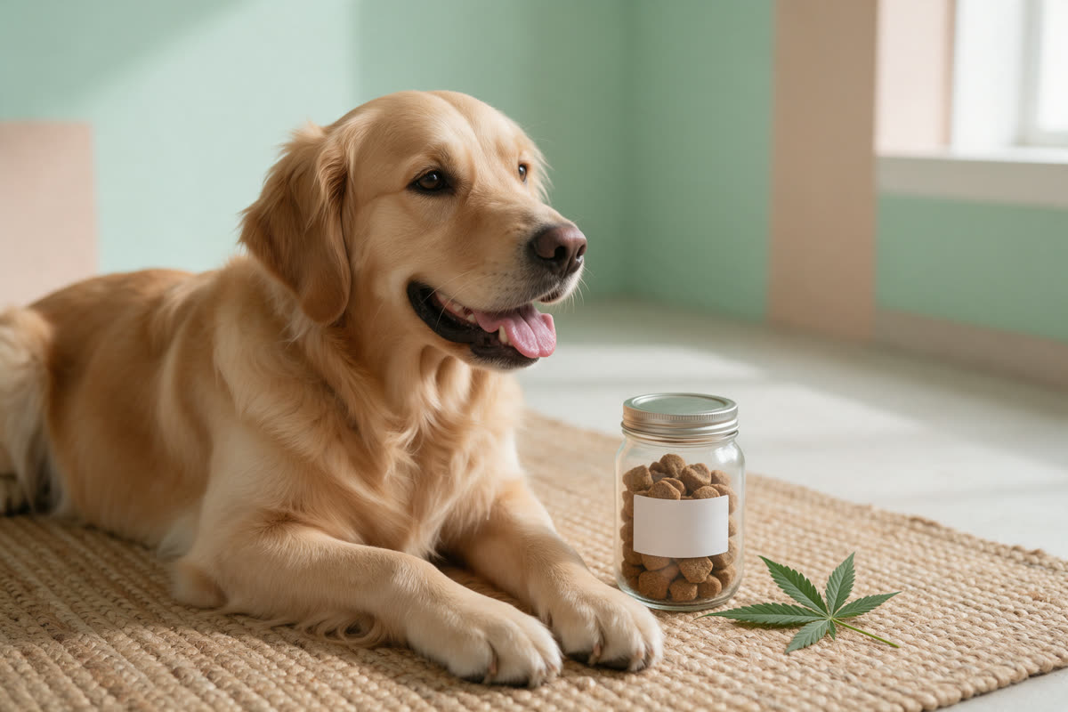 Hemp pet products Golden retriever on a woven hemp rug next to a jar of dog treats and a hemp leaf